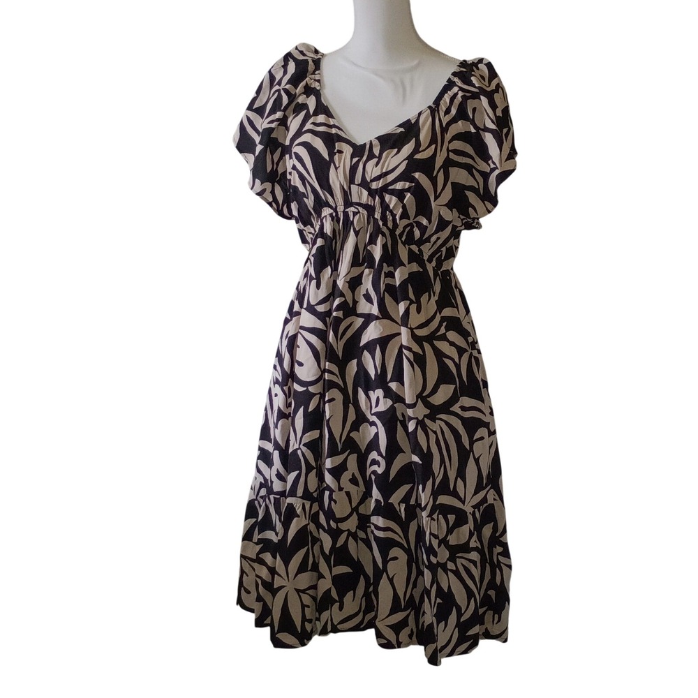 Moody Fairycore Womens 14W Black‎ Cream Botanical Leaf Print Smocked Midi Dress